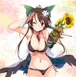  alternate_costume bikini black_bikini black_wings blush bow breasts brown_hair commentary_request flower frilled_bikini frills green_bow hair_bow hair_flower hair_ornament hand_up hips large_breasts long_ponytail navel one_eye_closed pink_eyes red_eyes reiuji_utsuho short_hair smile solo string_bikini sunflower swimsuit tetsurou_(fe+) third_eye touhou wings 