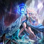  bahamut_crisis banner blonde_hair blue_dress blue_footwear blurry bracelet breasts cleavage column company_name depth_of_field dragon dress eudia_(serenity2200) flower frozen full_body glint ice icicle jewelry legs_apart light_particles light_rays lipstick long_hair long_sleeves looking_at_viewer magic magic_circle makeup medium_breasts official_art outstretched_arm parted_lips pillar puffy_long_sleeves puffy_sleeves purple_eyes ring shiny shiny_skin shoes stalactite stalagmite standing tattoo thighlet tiara velsa wind 
