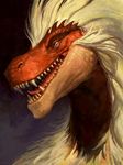  anthro blue_eyes brown_skin close-up dinosaur fur grin hair hi_res invalid_tag lizard long_hair male piercing portrait reptile scalie simple_background smile smug solo teeth vance vizsla white_fur 