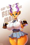  2017 alcohol antelope anthro antlers beer beverage big_breasts black_nose blue_eyes breasts clothing cup don_ko dress english_text female gazelle holding_object horn looking_at_viewer maid_uniform mammal nipple_bulge pear_(don_ko) pussy smile solo text thick_thighs uniform voluptuous wide_hips 