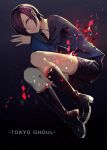  1girl ayan bare_legs black_footwear black_shorts blue_sweater boots closed_mouth copyright_name dark_background dots full_body hair_over_one_eye highres kirishima_touka looking_at_viewer lying on_side purple_eyes purple_hair shirt short_hair short_shorts shorts solo sweater tokyo_ghoul white_shirt 