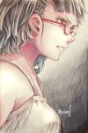  brown_eyes brown_hair casual clenched_teeth eyelashes glasses gradient gradient_background highres kantai_collection millipen_(medium) portrait profile red-framed_eyewear roma_(kantai_collection) serious short_hair signature solo teeth tesun_(g_noh) traditional_media watercolor_pencil_(medium) 
