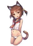  :d animal_ears arms_behind_back artist_name azuki_(sayori) bare_arms bare_shoulders bell bell_choker blue_sailor_collar bottomless breasts brown_eyes brown_hair buttons cat_ears cat_girl cat_hair_ornament cat_tail choker cowboy_shot cropped_legs eyebrows_visible_through_hair fang gao_(gaolukchup) groin hair_ornament jingle_bell looking_at_viewer navel neckerchief nekopara no_pants open_mouth panties red_choker red_neckwear sailor_collar shirt short_hair simple_background sleeveless sleeveless_shirt small_breasts smile solo standing stomach striped_tail tail two_side_up underwear white_background white_panties white_shirt 