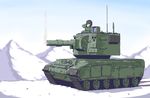  blonde_hair caterpillar_tracks commentary ground_vehicle helmet highres kare kv-2 military military_vehicle motor_vehicle mountain original snow tank 