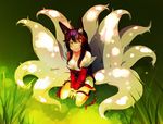  ahri animal_ears bare_shoulders black_hair breasts cleavage detached_sleeves facial_mark fox_ears fox_tail highres korean_clothes large_breasts league_of_legends long_hair looking_at_viewer looking_up multiple_tails nail_polish savi_(byakushimc) sitting slit_pupils solo tail whisker_markings yellow_eyes 