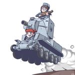  &gt;_&lt; brown_eyes brown_hair bt-42 closed_eyes emblem girls_und_panzer ground_vehicle hat highres instrument kantele kare keizoku_(emblem) keizoku_military_uniform mika_(girls_und_panzer) mikko_(girls_und_panzer) military military_uniform military_vehicle motor_vehicle multiple_girls tank twintails uniform 