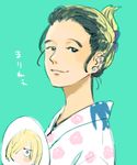  black_hair blonde_hair brown_eyes ear_piercing fan folded_ponytail japanese_clothes katsuki_mari kimono multicolored_hair paper_fan piercing smile two-tone_hair uchiwa upper_body ure_p yukata yuri!!!_on_ice yuri_plisetsky 