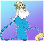  2017 anthro big_breasts big_butt blonde_hair blue_fur bovine breasts butt cattle clothing curly_hair female fur gradient_background hair hooves horn human hybrid mammal one_eye_closed purple_eyes shirt simple_background smile solo tehbuttercookie wide_hips wink 