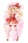  ascot blonde_hair bow fang flandre_scarlet full_body hair_between_eyes hat hat_ribbon high_heels highres kamiya_tomoe long_hair looking_at_viewer mob_cap no_panties open_mouth outstretched_arm puffy_short_sleeves puffy_sleeves red_bow red_eyes red_footwear red_ribbon red_skirt ribbon shoe_bow shoes short_sleeves side_ponytail skirt skirt_set solo standing striped striped_legwear thighhighs touhou vest yellow_bow 