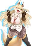  2017 5_fingers absolute_territory anthro big_breasts black_nose blonde_hair breasts brown_fur canine cheek_tuft cleavage clothed clothing dipstick_tail female fluffy fluffy_tail fox fur gaping_mouth gloves_(marking) green_eyes hair hairclip kemono kikunoya legwear long_hair mammal markings multicolored_tail neck_tuft one_eye_closed open_mouth orange_fur portrait shirt simple_background skirt solo standing tan_fur teeth thigh_highs three-quarter_portrait tongue tuft uvula v_sign white_background wink 
