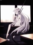  ai_arctic_warfare animal_ears artist_name bangs barefoot blue_eyes bolt_action classroom closed_mouth commentary_request concept_art desk dress dyolf expressionless frilled_dress frills from_side full_body girls_frontline grey_hair gun headphones highres holding holding_gun holding_weapon holster indoors knee_up long_hair looking_at_viewer original plantar_flexion rifle scope shoes shoes_removed signature sitting sniper_rifle solo thigh_holster thigh_strap very_long_hair weapon white_dress white_footwear 