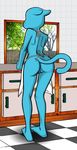  2017 anthro apron blue_fur butt cartoon_network cat clothing cooking digital_media_(artwork) ears_down edit feet feline female fur hi_res kaboozey kitchen mammal mature_female nicole_watterson nude photo_background presenting presenting_hindquarters presenting_pussy pussy rear_view risenhentaidemon solo standing the_amazing_world_of_gumball whiskers 