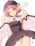  adapted_costume animal_ears armpits arms_up ayagi_daifuku blush brown_dress commentary_request detached_collar dress eyebrows_visible_through_hair feathered_wings grin hands_on_headwear hat looking_at_viewer mystia_lorelei one_eye_closed panties pink_hair red_eyes signature simple_background smile solo spoken_blush strapless strapless_dress sweat thighs touhou underwear white_background white_panties wings 