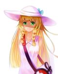  arms_behind_back bag bangs bare_shoulders blonde_hair blue_bow blunt_bangs blurry bow braid breasts closed_mouth collarbone collared_dress depth_of_field dress duffel_bag eyebrows_visible_through_hair green_eyes hat hat_bow highres lillie_(pokemon) long_hair looking_at_viewer medium_breasts milu_(pixiv8523021) poke_ball_theme pokemon pokemon_(game) pokemon_sm sleeveless sleeveless_dress smile solo sun_hat sundress twin_braids upper_body white_dress white_hat 