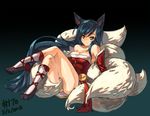  2013 ahri animal_ears blue_hair breasts cleavage crossed_legs dated detached_sleeves fox_ears fox_tail junkpuyo league_of_legends long_hair low-tied_long_hair medium_breasts multiple_tails sitting smile socks solo tail tail_censor very_long_hair whiskers yellow_eyes 