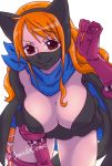  1girl artist_request breasts brown_eyes cleavage highres large_breasts long_hair looking_at_viewer nami_(one_piece) one_piece open_mouth orange_hair shounen_jump smile solo upper_body 