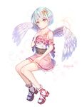  angel_wings artist_name blush bow collarbone eyebrows_visible_through_hair hair_bow highres looking_at_viewer original pink_eyes pink_skirt roang short_hair signature silver_hair simple_background skirt smile solo white_background wings yellow_bow 
