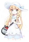  :3 bag bangs blonde_hair blue_ribbon blunt_bangs braid collared_dress commentary_request cowboy_shot dress duffel_bag flat_chest green_eyes hat hat_ribbon lillie_(pokemon) long_hair looking_at_viewer poke_ball_theme pokemon pokemon_(game) pokemon_sm ribbon see-through signature simple_background sleeveless sleeveless_dress solo sun_hat sundress tamago_(6egg_9508) twin_braids v-shaped_eyebrows white_background white_dress white_hat 