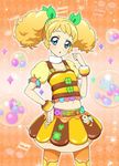  aikatsu! aikatsu!_(series) aikatsu!_photo_on_stage!! bee bee_costume belt blonde_hair blue_eyes bow bracelet bug clover green_bow hand_on_hip honey insect jewelry musical_note navel orange_background saegusa_kii shirt skirt twintails yellow_shirt yellow_skirt 