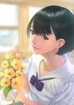  bangs black_hair bouquet flower grey_eyes highres lips looking_at_viewer nose original rungsak_sontayanont school_uniform short_hair 