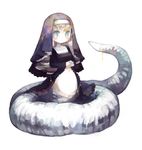  blonde_hair blue_eyes blush commentary_request cross habit jewelry lamia monster_girl navel nun original rosary simple_background solo tail_bracelet white_background white_skin yokoe_(mealtime) 