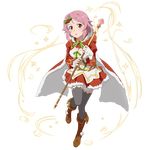  boots breasts brown_footwear cape cleavage dress full_body grey_legwear hair_ornament highres holding holding_staff knee_boots leg_up lisbeth looking_at_viewer medium_breasts midriff navel official_art open_mouth pink_hair red_dress red_eyes short_dress short_hair solo staff standing stomach sword_art_online sword_art_online:_code_register thighhighs transparent_background zettai_ryouiki 