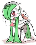  1girl all_fours blush cum ejaculation erection facial full_body gardevoir green_hair hair_over_one_eye hand_on_another&#039;s_head hand_on_head highres kneeling knees_together_feet_apart negoya open_mouth penis pokemon pokemon_(creature) pokemon_rse pussy_juice red_eyes saliva short_hair simple_background sweat text thigh_gap tongue tongue_out translation_request uncensored white_background 