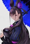  1girl 55level bangs black_hair breasts closed_mouth double_bun dress fate/grand_order fate_(series) frilled_shirt_collar frills hair_between_eyes hair_ornament highres large_breasts long_hair looking_at_viewer murasaki_shikibu_(fate) puffy_sleeves purple_eyes simple_background solo umbrella 