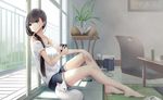  bare_shoulders barefoot black_eyes black_hair cat cellphone cup hair_over_shoulder highres indoors kikivi long_hair low_ponytail mug open_door original phone ponytail shorts sitting smartphone solo 