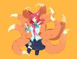  academy_ahri ahri animal_ears bangs black_legwear breasts cellphone facial_mark fox_ears fox_tail hair_ornament hairclip heart heart_hair_ornament large_breasts league_of_legends long_hair looking_at_viewer multiple_tails nail_polish one_eye_closed orange_background phone red_hair savi_(byakushimc) school_uniform simple_background skirt slit_pupils solo tail thighhighs whisker_markings yellow_eyes 