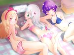  2017 3girls :d ass bare_arms bare_legs barefoot basket bikini bow breasts cleavage dated eromanga_sensei feet female frilled_swimsuit frills green_eyes grin hair_bow izumi_sagiri long_hair looking_at_viewer lying medium_breasts midriff multiple_girls navel on_side open_mouth picnic_basket purple_bikini purple_eyes purple_hair ruriruri senju_muramasa short_hair small_breasts striped striped_bikini stylus swimsuit table tablet teeth toes yamada_elf 