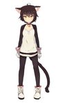  animal_ears bell bell_collar boots brown_hair cat_ears cat_tail collar commentary fang_out full_body gloves highres jingle_bell legs_apart long_sleeves looking_at_viewer original personification shone short_hair simple_background sketch solo tail white_background yellow_eyes 