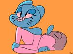  anthro bent_over blue_fur butt cartoon_network cat clothed clothing coekj_(artist) coy exposed_shoulder feline female fur leaning mammal mature_female mother nicole_watterson orange_background pants parent simple_background smile smug solo sweater the_amazing_world_of_gumball 