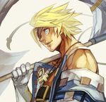  blonde_hair eyepatch gloves guilty_gear hankuri jewelry male_focus midriff necklace over_shoulder polearm sin_kiske solo weapon weapon_over_shoulder white_gloves 