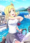  :d blonde_hair blush boat braid character_name cowengium crown_braid green_eyes hair_rings hand_in_hair happy_birthday harbor highres love_live! love_live!_sunshine!! mount_fuji mountain neckerchief ocean ohara_mari open_mouth photoshop_(medium) pleated_skirt red_neckwear school_uniform serafuku sitting_on_railing skirt smile solo twitter_username uranohoshi_school_uniform water watercraft 