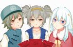  3girls absurdres alternate_costume alternate_hairstyle bandaid bandaid_on_nose blue_eyes brown_eyes character_name chinese_clothes collarbone double_bun enya_(282237582) g11_(girls_frontline) girls_frontline grey_hair hat headband highres hs2000_(girls_frontline) long_hair looking_at_viewer multiple_girls ponytail ribeyrolles_1918_(girls_frontline) shirt simple_background white_background white_hair 