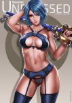  1girl absurdres aqua_(kingdom_hearts) arm_behind_head armband armpits artist_name biceps blue_bra blue_eyes blue_hair blue_panties bra breasts cameltoe cleavage collarbone cover dandon_fuga erect_nipples garter_belt garter_straps gluteal_fold grey_background heart highres keyblade kingdom_hearts kingdom_hearts_birth_by_sleep lingerie looking_at_viewer magazine_cover medium_breasts navel over_shoulder panties pinup see-through shiny shiny_hair short_hair simple_background smile solo standing stomach thigh_gap thighhighs toned underwear weapon weapon_over_shoulder 