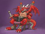  anthro bandage bulge chair clothed clothing dragon furfragged male melee_weapon shirt shorts simple_background sitting solo sword tank_top throne weapon 