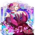  1girl :d beamed_eighth_notes blue_eyes blue_flower bow bracelet braid copyright_name curtains dress flower hair_flower hair_ornament jewelry logo musical_note nail_polish official_art open_mouth pink_bow pink_dress pink_hair red_nails smile solo standing sukja treble_clef uchi_no_hime-sama_ga_ichiban_kawaii 