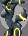  2014 absurd_res anthro anthrofied big_breasts black_nipples black_nose black_skin breasts digital_media_(artwork) eeveelution eyelashes female glowing hi_res jenovasilver looking_at_viewer nintendo nipples nude pok&eacute;mon pok&eacute;morph pose red_eyes side_boob solo standing umbreon video_games 