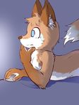  anthro blue_eyes canine clothed clothing computer_mouse cub fox fur male mammal multicolored_fur orange_fur shota simple_background solo teien thinking topless two_tone_fur white_fur young 