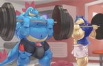  anthro bulge exercise feraligatr male nintendo penis pok&eacute;mon typhlosion video_games viridianvariant weightlifting workout 