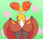  &lt;3 anthro anthrofied big_breasts breasts canine clothing clothing_lift delphox female fox immortalstar inner_ear_fluff looking_at_viewer mammal nintendo orange_eyes pok&eacute;mon pok&eacute;morph presenting presenting_pussy pseudo_clothing pussy red_eyes signature simple_background skirt skirt_lift smile solo video_games wide_hips 