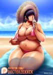  bangs beach big_belly bikini bikini_pull black_hair blunt_bangs blush breasts brown_eyes day doctorzexxck fat food genderswap hat highres huge_breasts ice_cream long_hair looking_at_viewer navel original pamela_(doctorzexxck) pulled_by_self sand side-tie_bikini solo straw_hat sun_hat sweat swimsuit thick_thighs thighs towel 