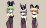  3girls animal_ears bangs bare_arms bare_shoulders black_bow black_hairband black_hat black_neckwear blonde_hair blue_eyes blue_hat blush bow bowtie breast_envy breasts brown_legwear bunny_ears bunnysuit cleavage collarbone commentary_request cowboy_shot crying detached_collar eyebrows_visible_through_hair fake_animal_ears flat_chest green_eyes green_hair grey_background hair_between_eyes hairband hand_on_own_chest hat large_breasts long_hair looking_at_another mononobe_no_futo multiple_girls no_nose pantyhose parted_lips pointy_hair ponytail puroshimin short_hair silver_hair simple_background soga_no_tojiko standing tate_eboshi tears thighs touhou toyosatomimi_no_miko wrist_cuffs yellow_eyes 