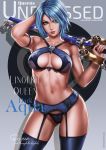 1girl absurdres aqua_(kingdom_hearts) arm_behind_head armband armpits artist_name biceps blue_bra blue_hair blue_panties bra breasts cleavage collarbone cover dandon_fuga erect_nipples garter_belt garter_straps gluteal_fold grey_background heart highres keyblade kingdom_hearts kingdom_hearts_iii lingerie looking_at_viewer magazine_cover medium_breasts navel over_shoulder panties pinup shiny shiny_hair short_hair simple_background smile solo standing stomach thigh_gap thighhighs toned underwear weapon weapon_over_shoulder yellow_eyes 