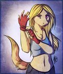  2013 5_fingers anthro blonde_hair clothed clothing female fingerless_gloves fur gloves hair midriff navel neotheta pink_eyes solo tan_fur unknown_species 