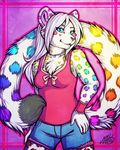  2012 5_fingers blue_eyes breasts clothed clothing feline female fur grey_nose hair leopard mammal neotheta smile white_fur white_hair 