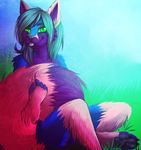  2012 4_toes anthro canine digitigrade female fox green_eyes green_hair hair looking_at_viewer mammal neotheta sitting smile solo toes 