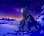  2012 4_toes 5_fingers anthro barefoot biped black_nose blue_eyes brown_hair clothed clothing detailed_background digitigrade eyewear feet felid fingers glasses hair male mammal neotheta night outside pantherine sky snow solo star starry_sky tail tiger toes 